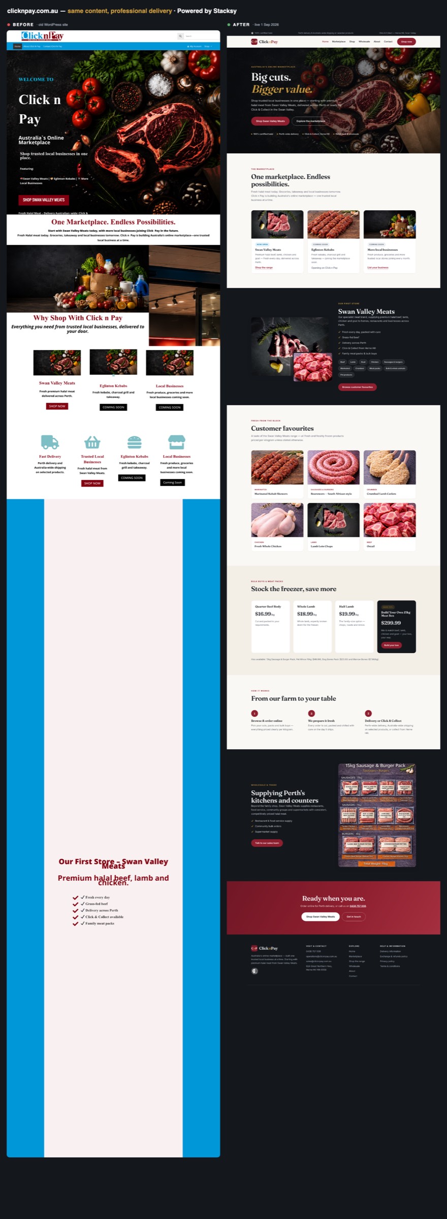 Full-page before and after of the Click n Pay website rebuild