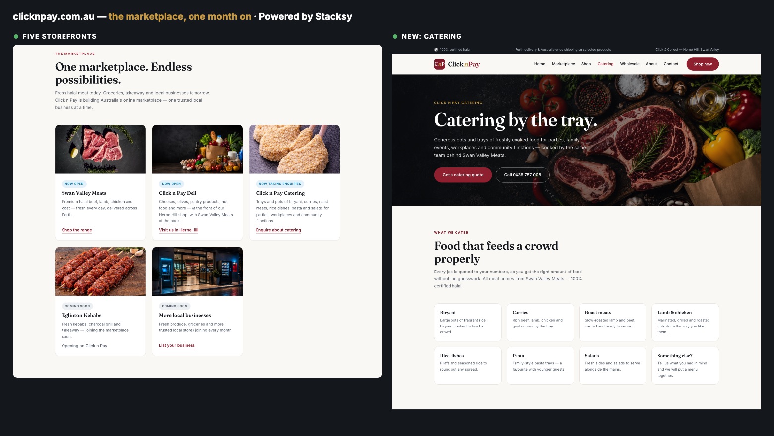 The Click n Pay marketplace showing five storefronts, alongside the new catering page