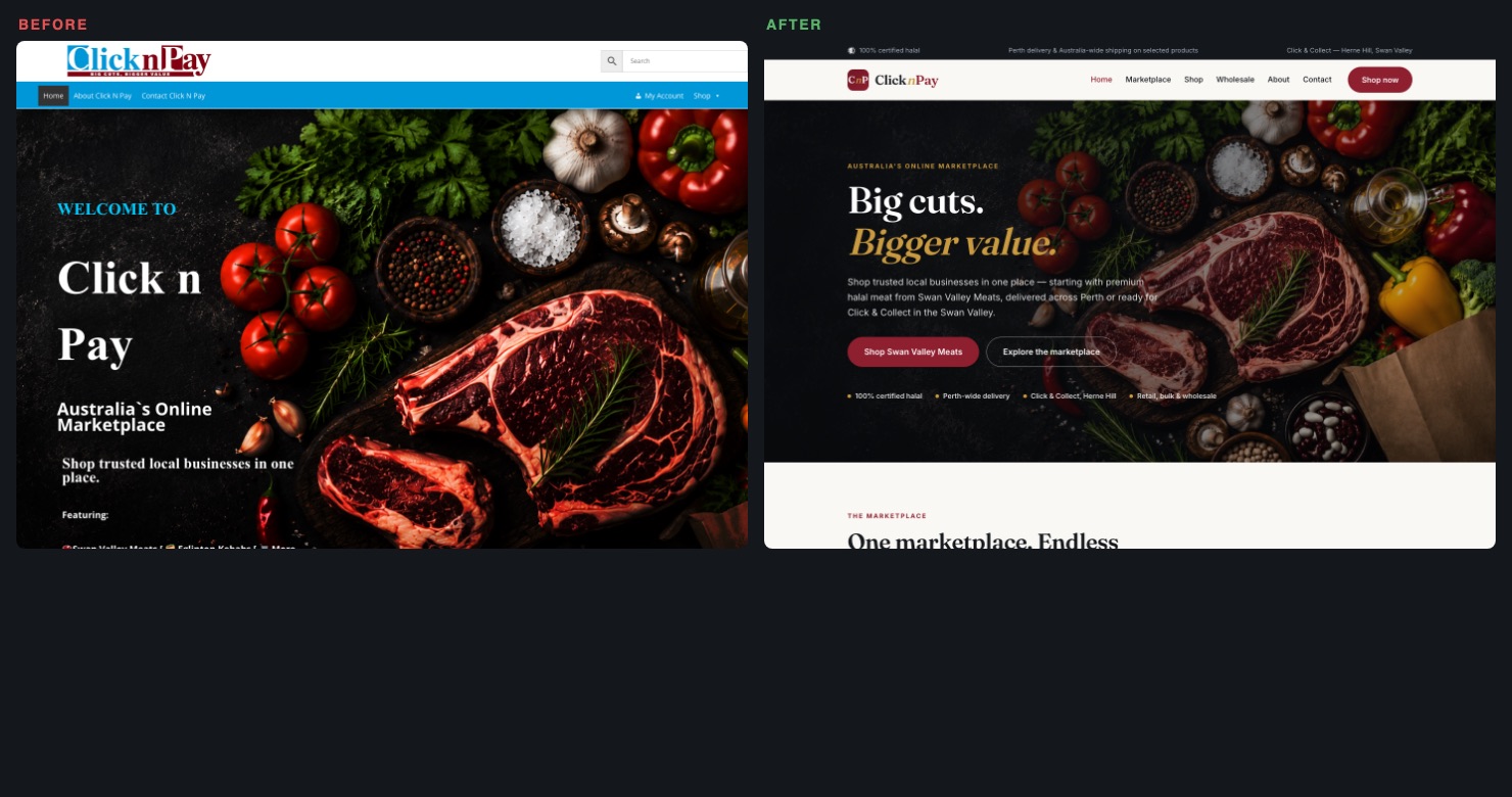 Side-by-side comparison of the old and new Click n Pay homepages