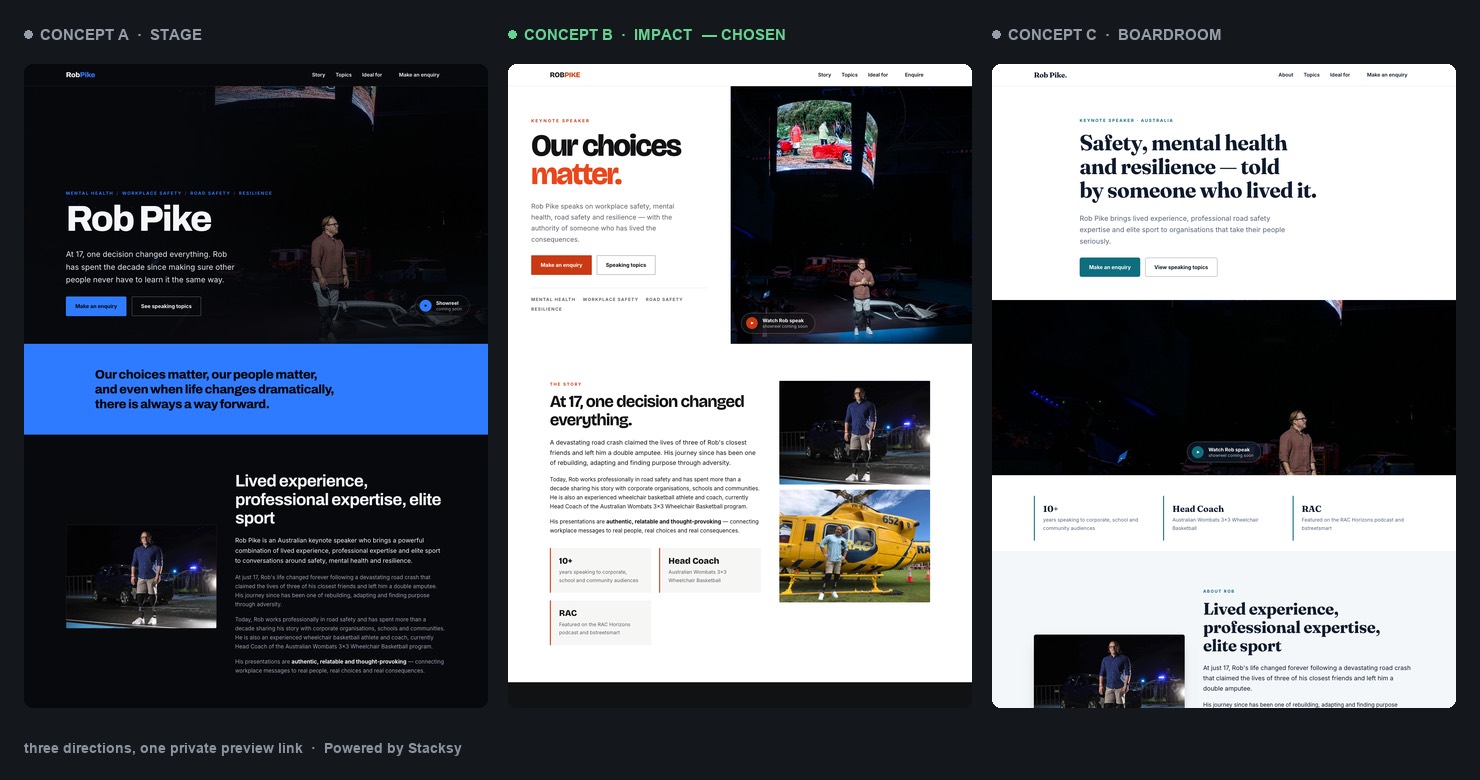 Three website concepts for Rob Pike shown side by side: Stage, Impact and Boardroom